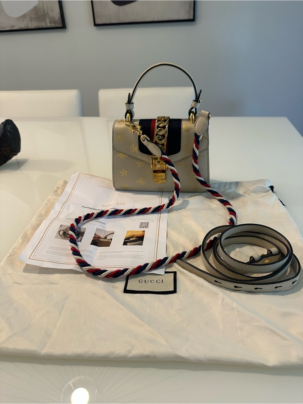 Gucci Sylvie Mini Top Handle Bag White Bee Star Print Authentic